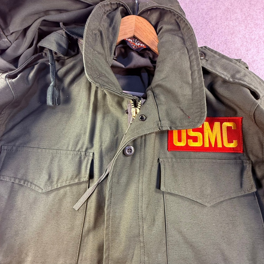 Tru-Spec Mens M-65 Field Jacket USMC Patch Olive Drab Green Military Coat Hooded - Picture 8 of 9